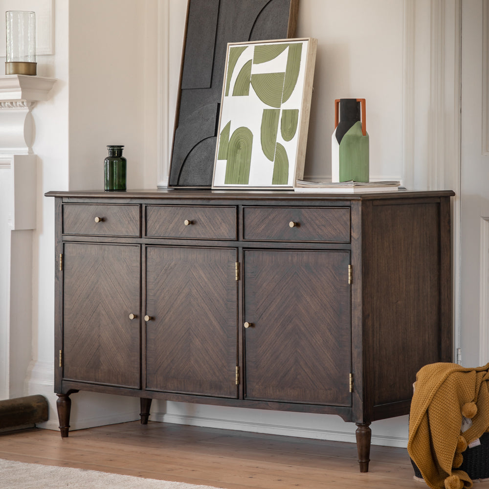 Product photograph of Gallery Interiors Melody 3 Door 3 Drawer Sideboard In Brown from Olivia's.