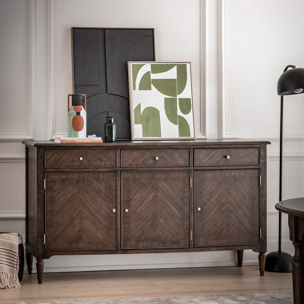 Product photograph of Gallery Interiors Melody 3 Door 3 Drawer Sideboard In Brown from Olivia's.
