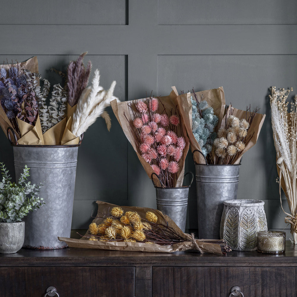 Product photograph of Gallery Interiors Lambert Galvanised Dried Flower Bucket Grey Medium from Olivia's