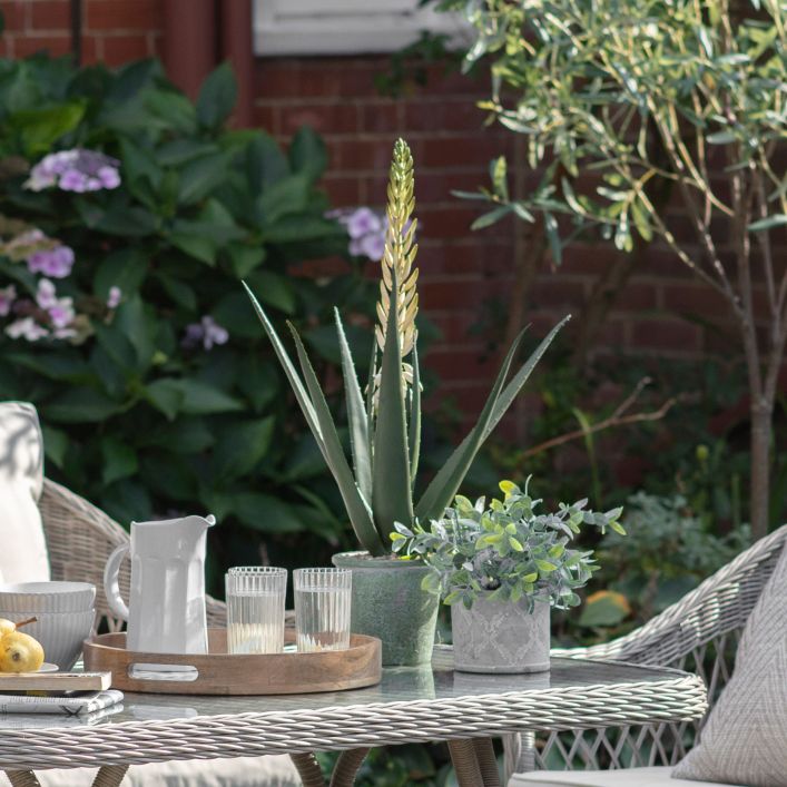 Product photograph of Gallery Interiors Magro Potted Aloe With Flowers Faux Plant Green And White Large from Olivia's