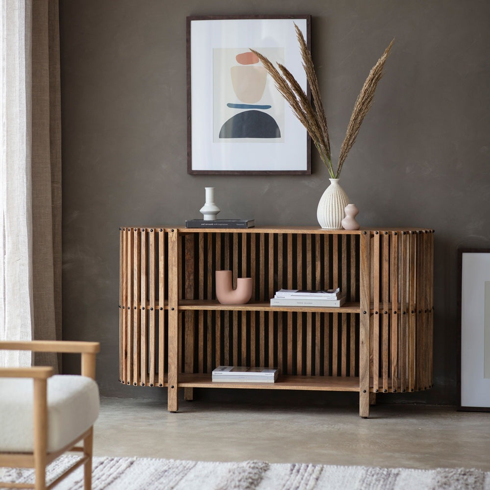 Product photograph of Gallery Interiors Valentine Oak Slatted Console Table from Olivia's.