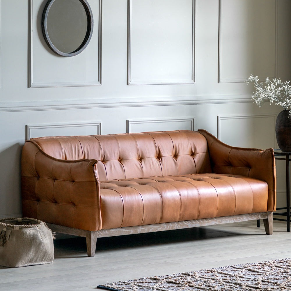 Product photograph of Gallery Interiors Hudson Living Ecclestone 3 Seater Sofa In Tan Leather from Olivia's.