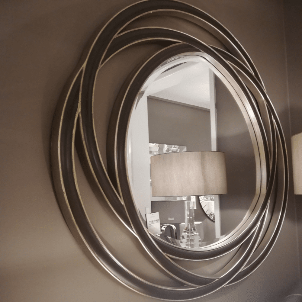 Product photograph of Rv Astley Dove Round Mirror In Walnut And Champagne Silver from Olivia's.