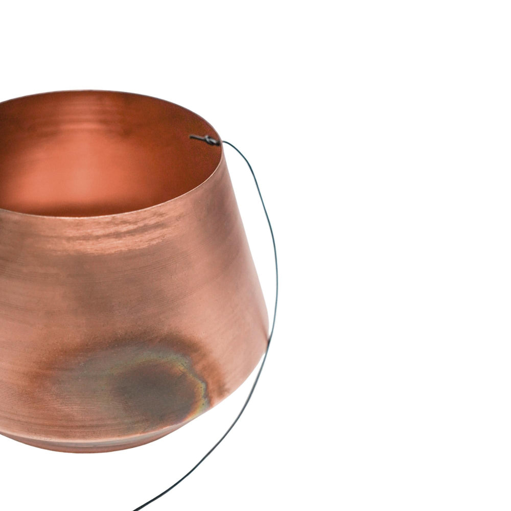 Product photograph of Ivyline Indoor Soho Aged Copper Hanging Planter With Leather Strap from Olivia's.