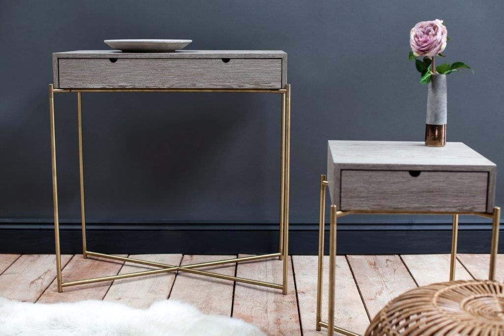 Product photograph of Gillmore Iris Weathered Oak Drawer Top With Brass Frame Console Table from Olivia's.