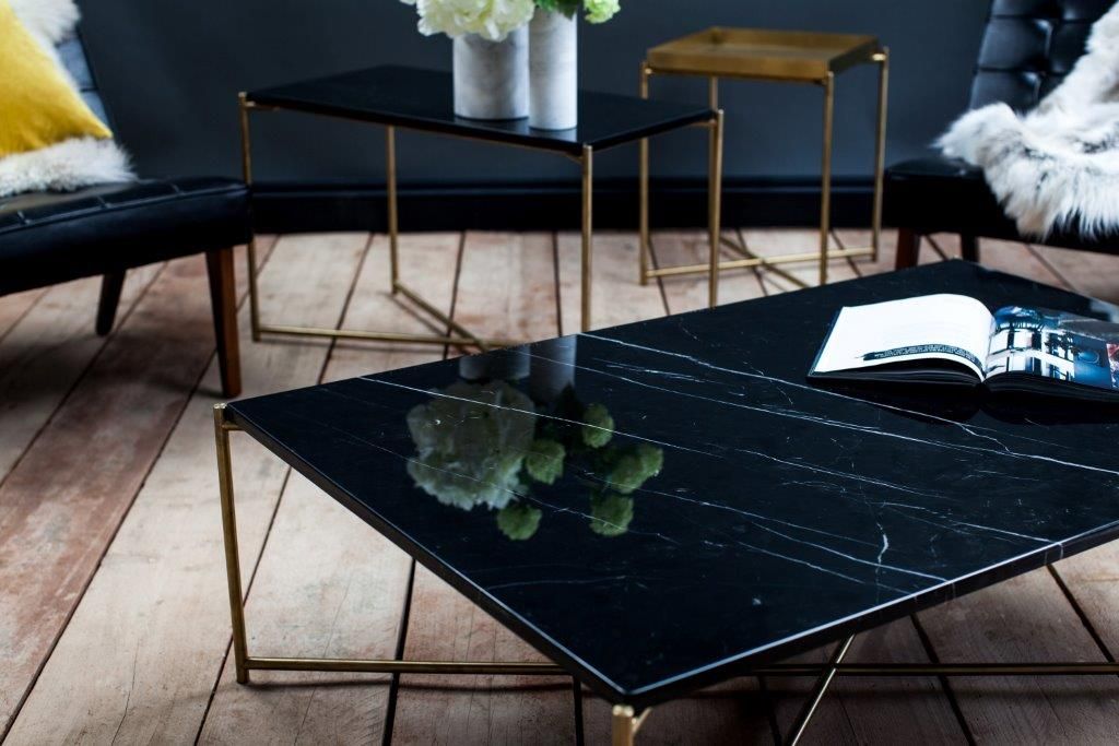 Product photograph of Gillmore Iris Black Marble Top Gun Metal Frame Square Coffee Table from Olivia's.