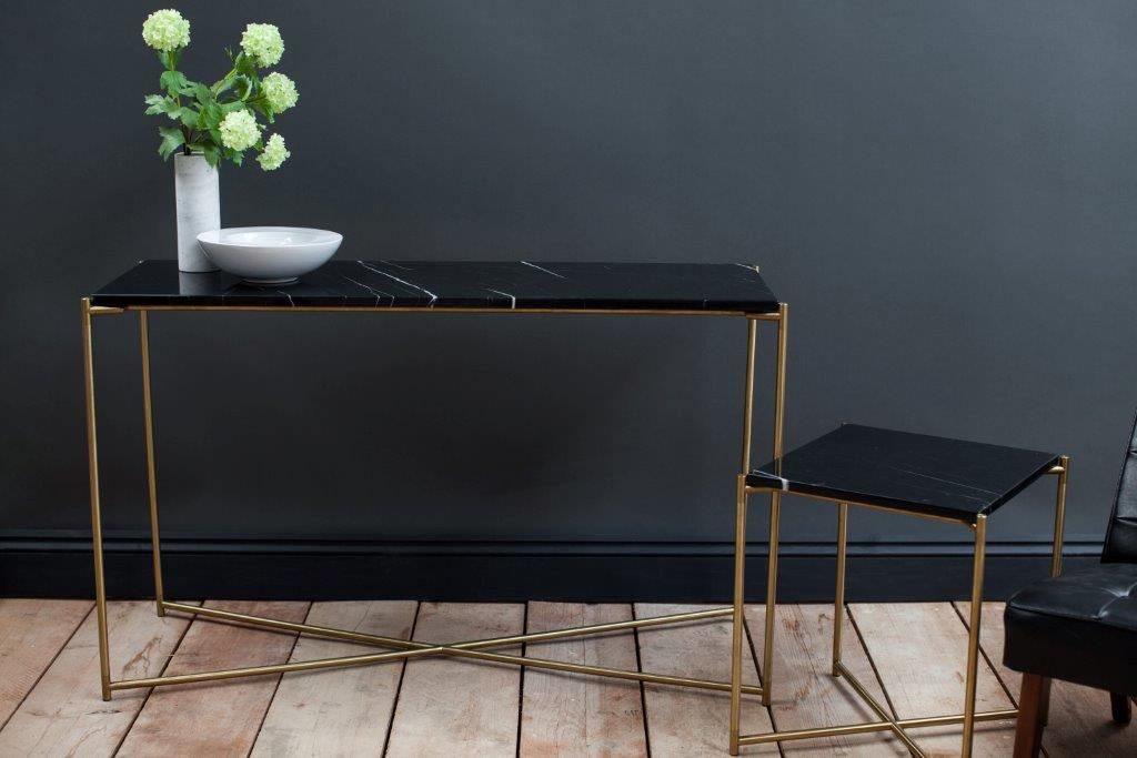 Product photograph of Gillmore Iris Black Marble Top Gun Metal Frame Console Table Large from Olivia's.