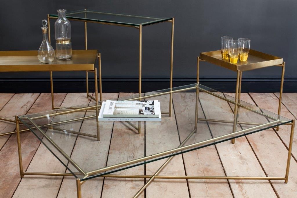 Product photograph of Gillmore Iris Clear Glass Top Brass Frame Console Table Large from Olivia's.