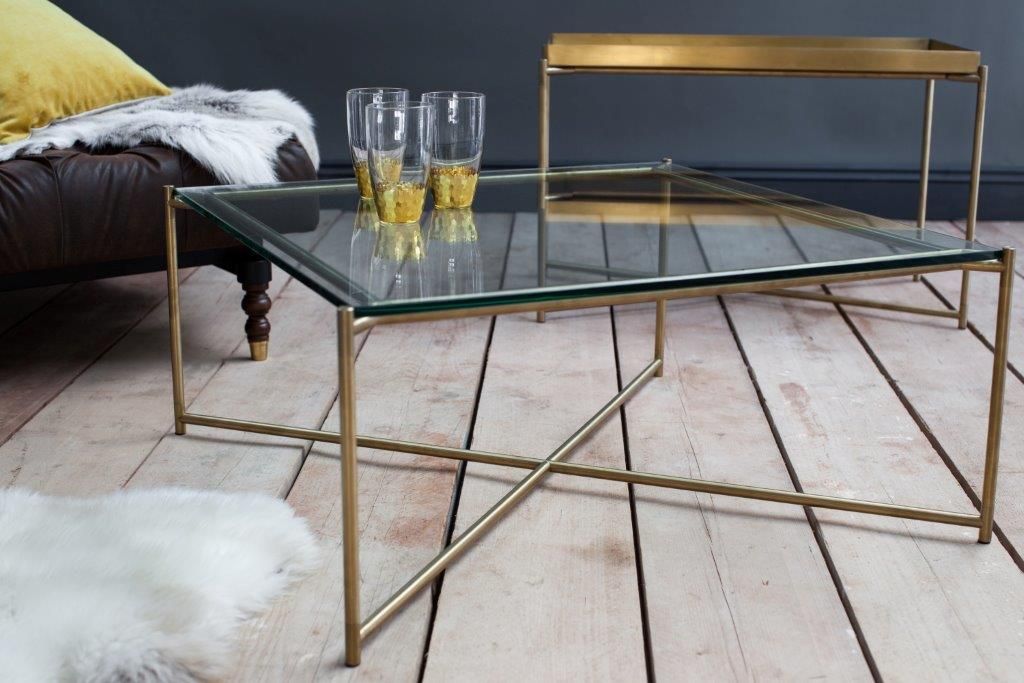 Product photograph of Gillmore Iris Clear Glass Top Brass Frame Square Coffee Table from Olivia's.