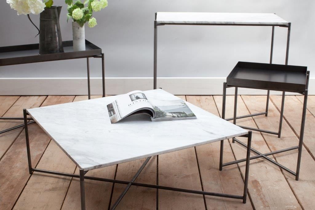 Product photograph of Gillmore Iris White Marble Top Gun Metal Frame Square Coffee Table from Olivia's.