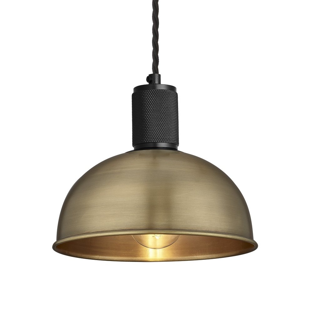 Industville Knurled Dome Pendant Light In Brass With Black Holder Small