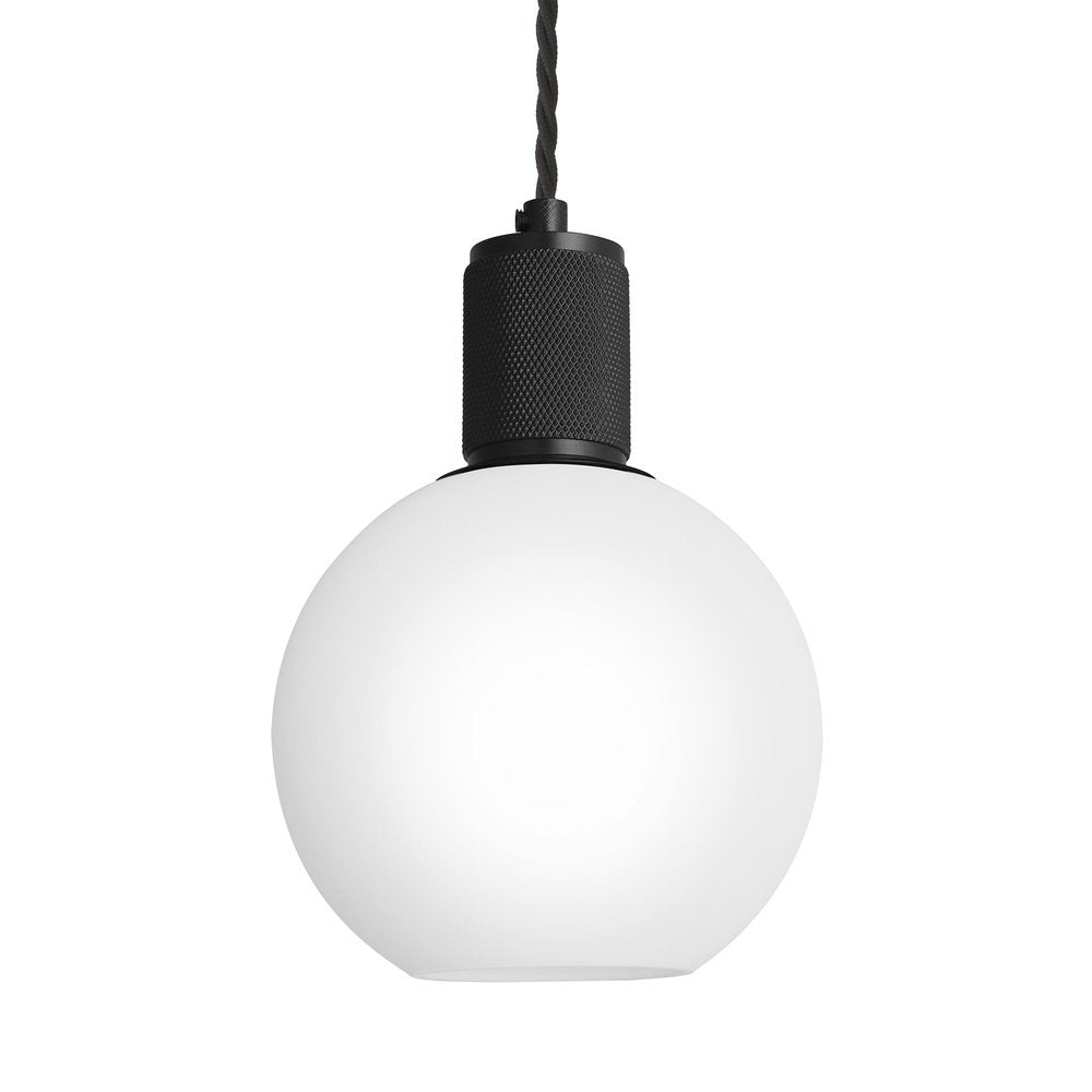 Industville Knurled Opal Glass Globe Pendant Light In White With Black Holder Small