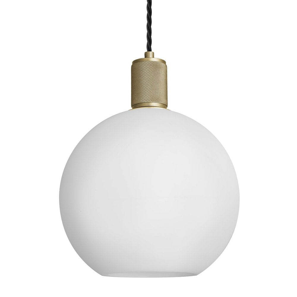 Product photograph of Industville Knurled Opal Glass Globe Pendant Light In White With Brass Holder Small from Olivia's.