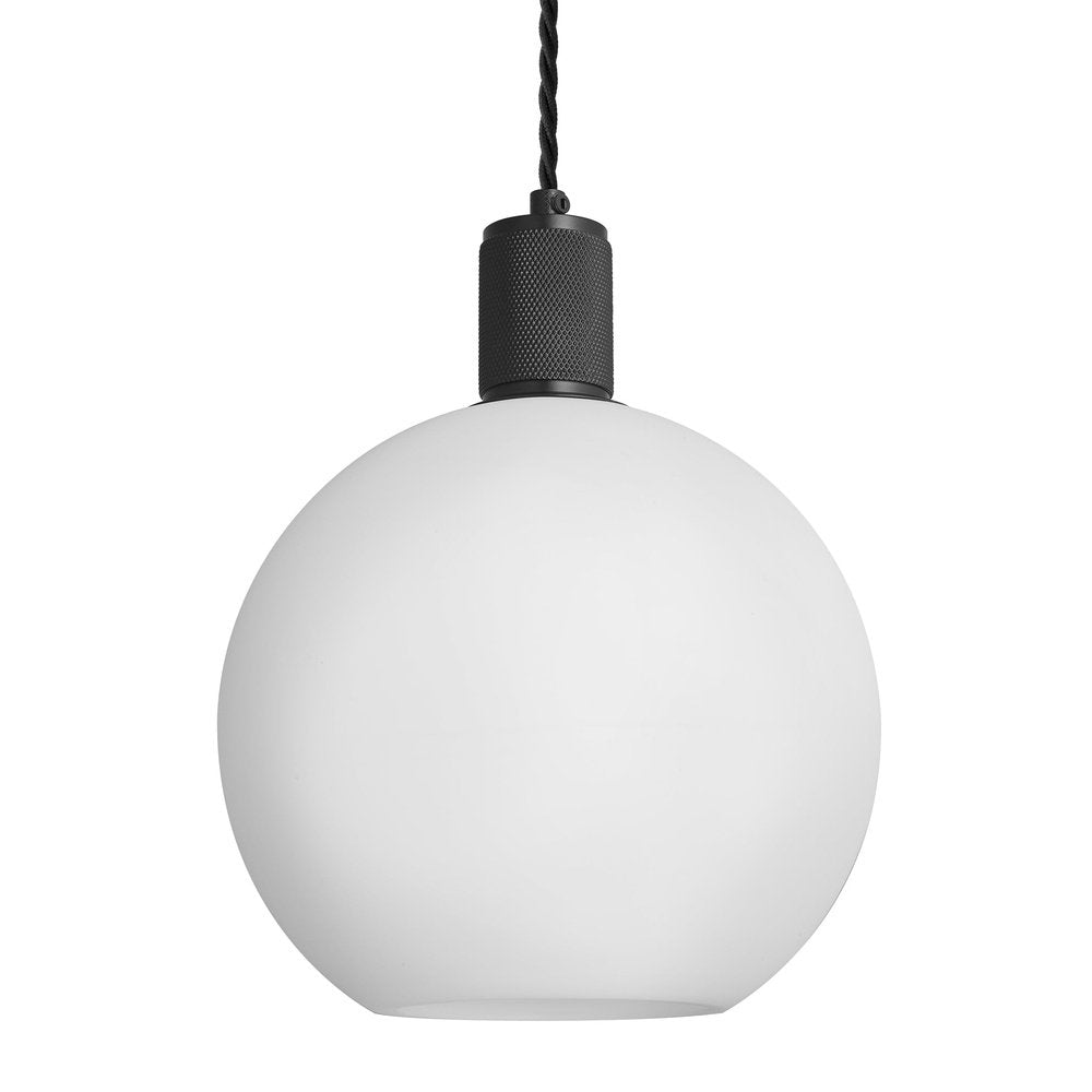 Product photograph of Industville Knurled Opal Glass Globe Pendant Light In White With Black Holder Small from Olivia's.