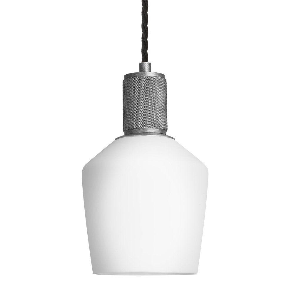 Product photograph of Industville Knurled Opal Glass Schoolhouse Pendant Light In White With Pewter Holder from Olivia's
