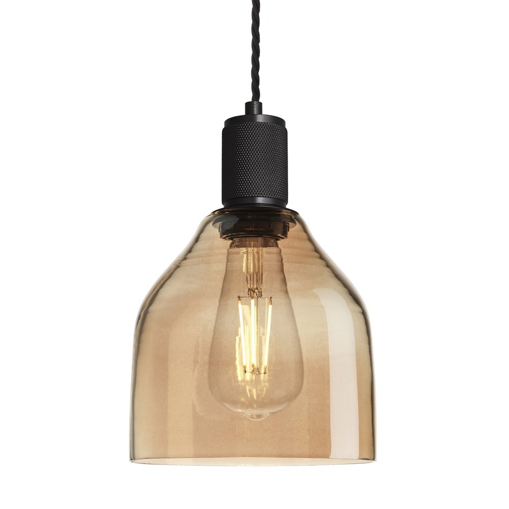 Industville Knurled Tinted Glass Cone Pendant Light In Amber With Black Holder