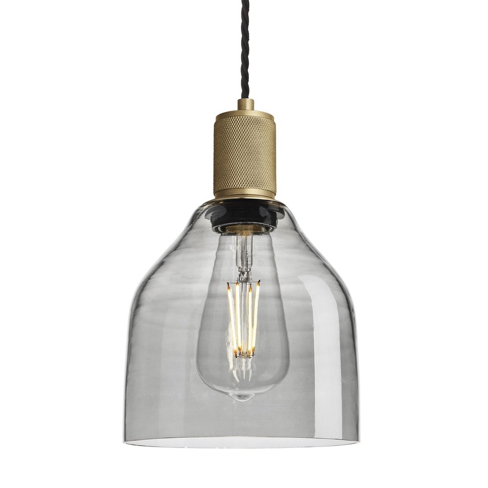 Industville Knurled Tinted Glass Cone Pendant Light In Smoke Grey With Brass Holder