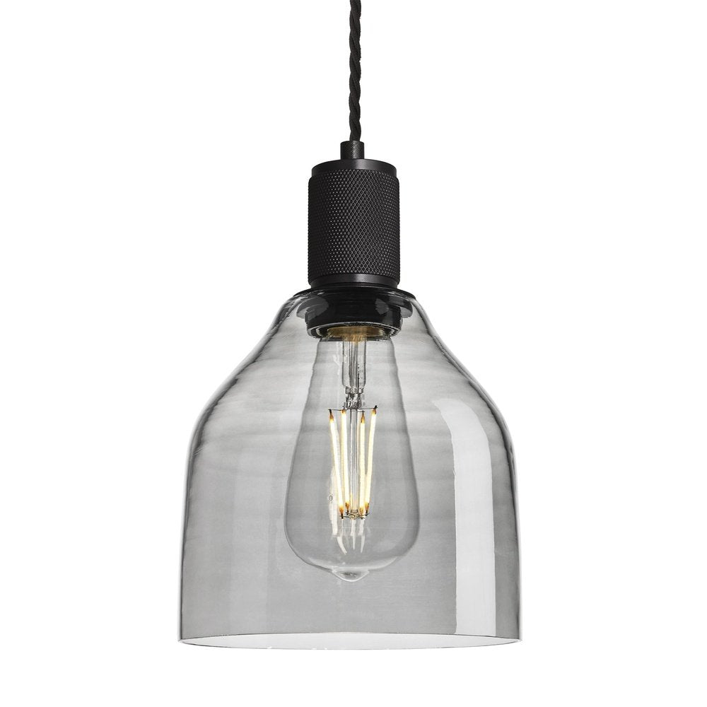 Industville Knurled Tinted Glass Cone Pendant Light In Smoke Grey With Black Holder