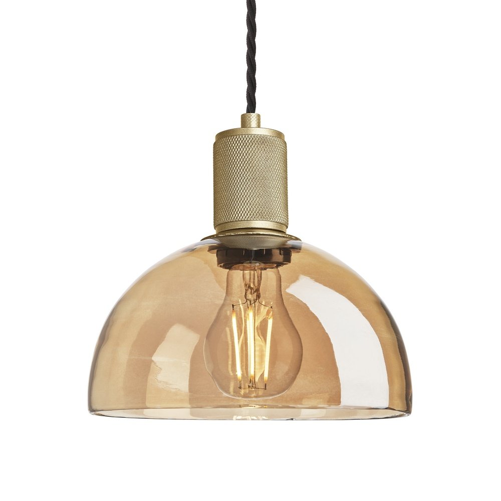 Product photograph of Industville Knurled Tinted Glass Dome Pendant Light In Amber With Brass Holder from Olivia's