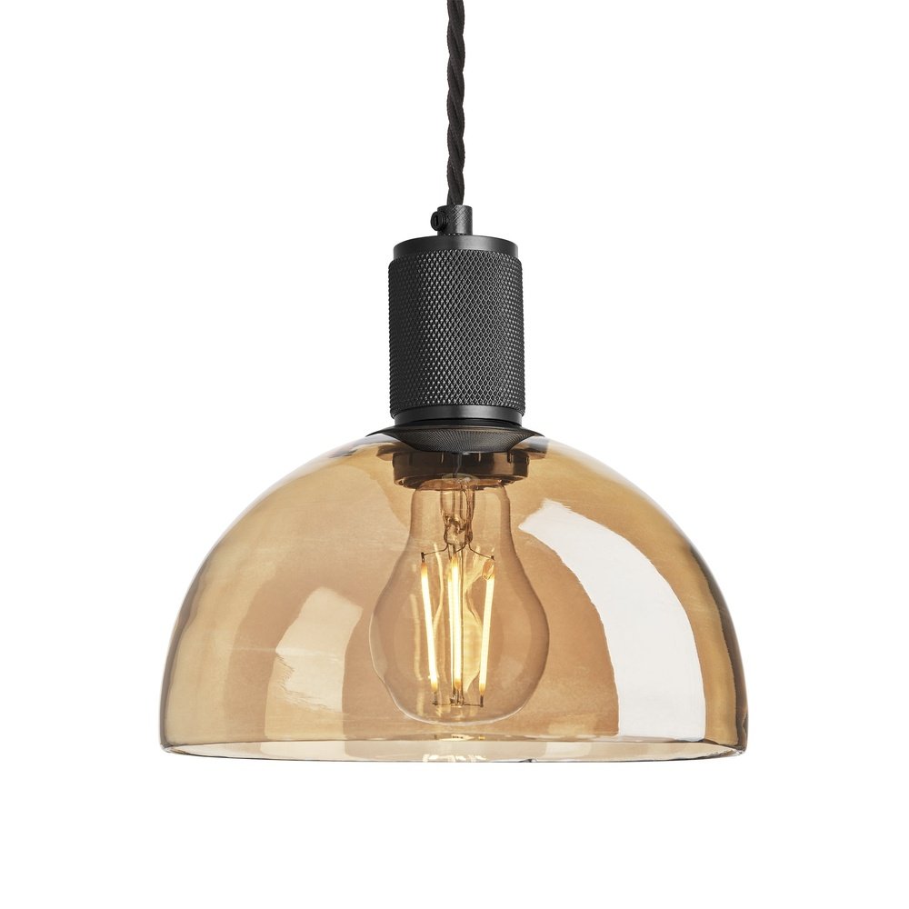 Industville Knurled Tinted Glass Dome Pendant Light In Amber With Black Holder