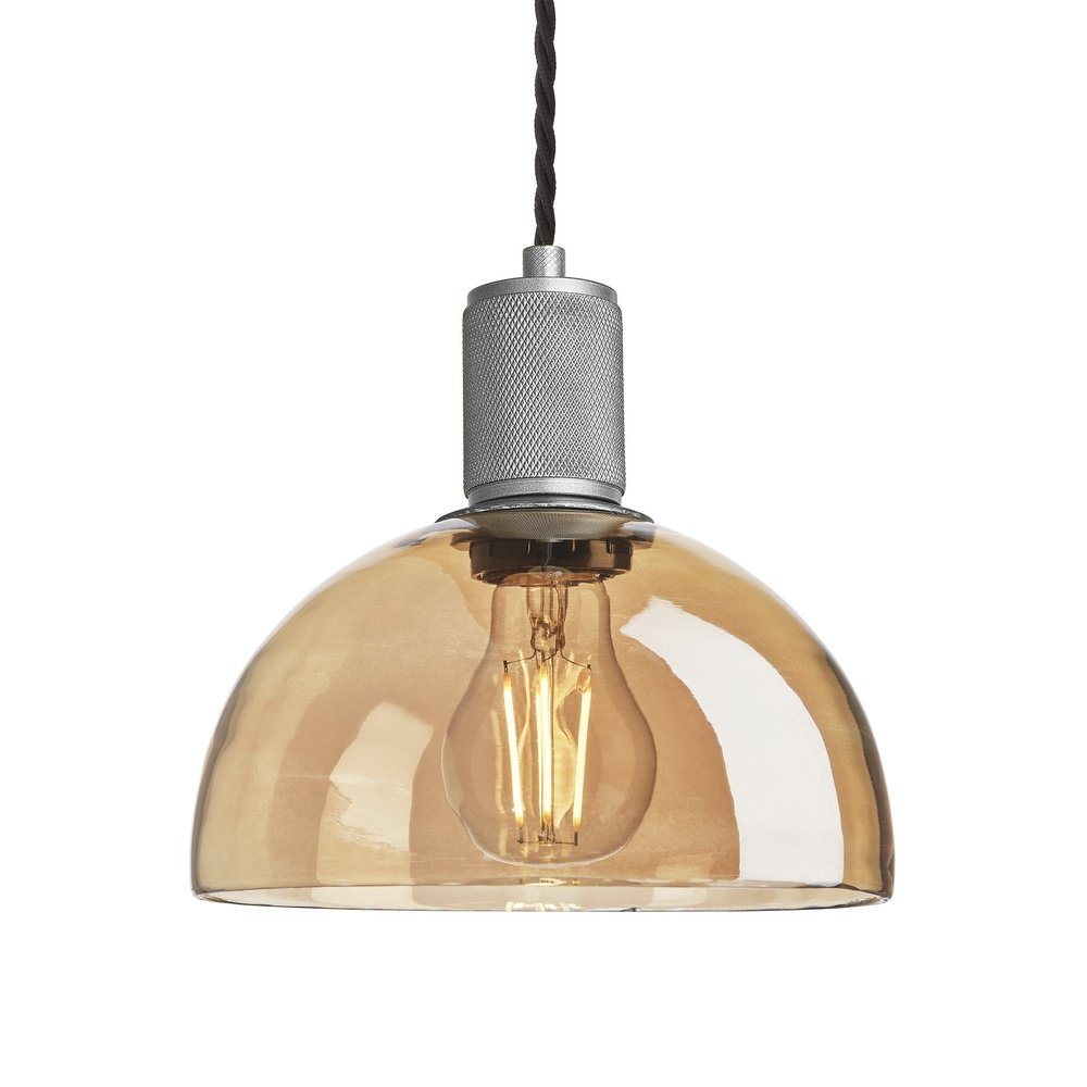 Industville Knurled Tinted Glass Dome Pendant Light In Amber With Pewter Holder