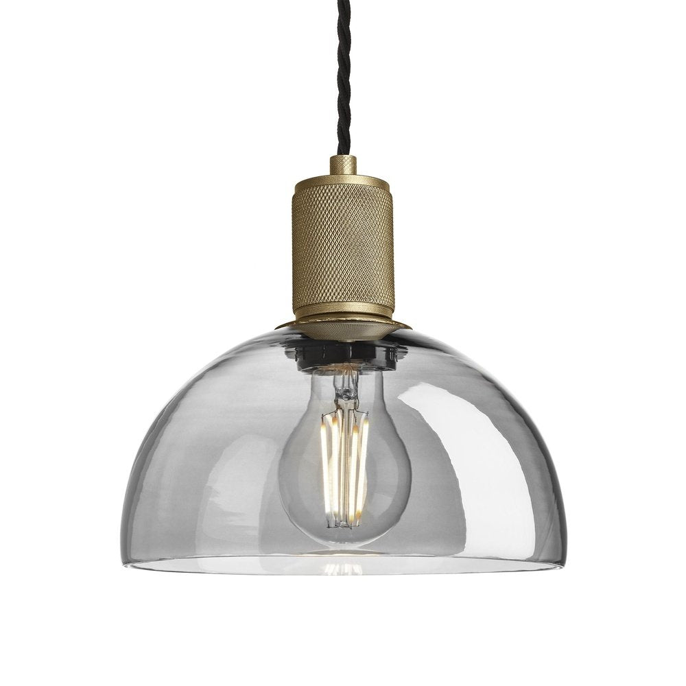 Industville Knurled Tinted Glass Dome Pendant Light In Smoke Grey With Brass Holder