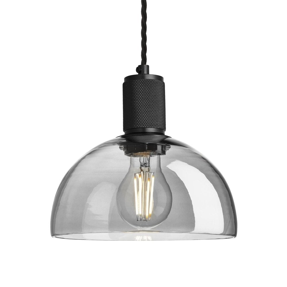 Industville Knurled Tinted Glass Dome Pendant Light In Smoke Grey With Black Holder