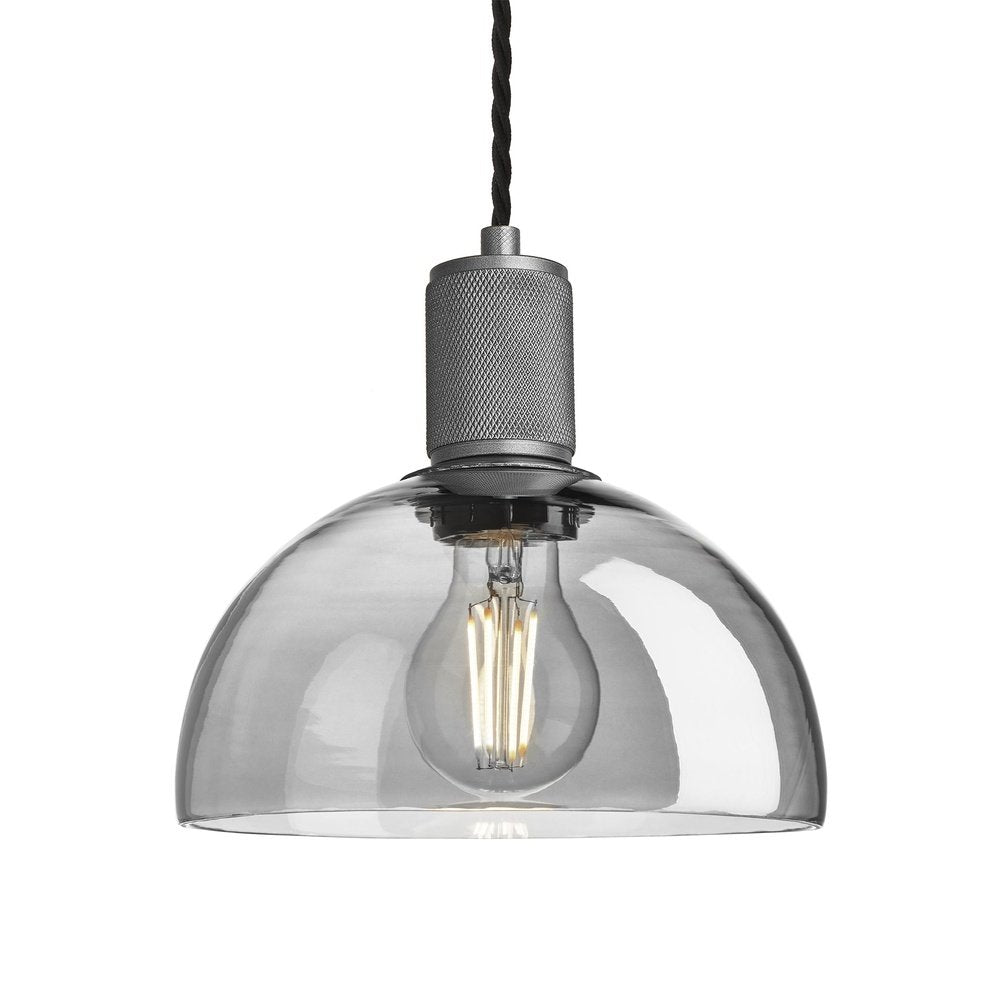 Industville Knurled Tinted Glass Dome Pendant Light In Smoke Grey With Pewter Holder