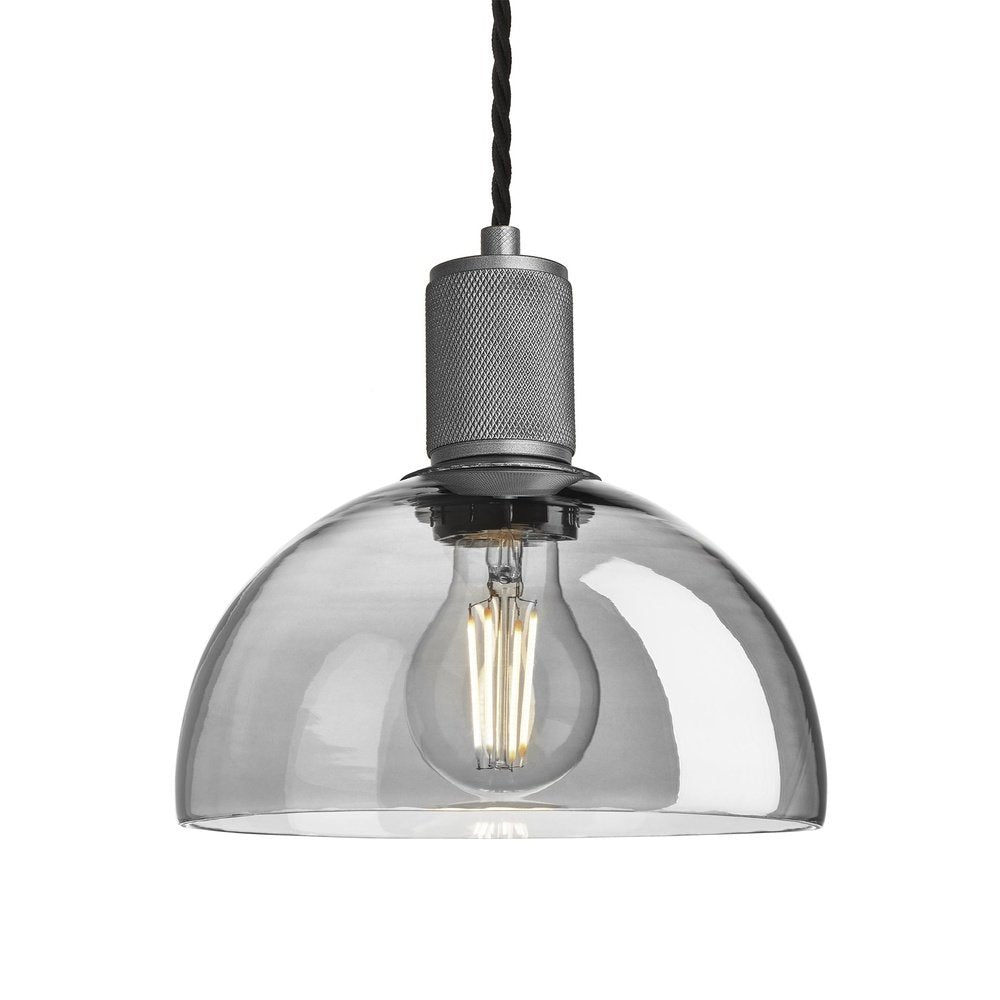 Product photograph of Industville Knurled Tinted Glass Dome Pendant Light In Smoke Grey With Pewter Holder from Olivia's