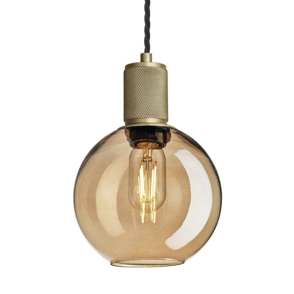 Industville Knurled Tinted Glass Globe Pendant Light In Amber With Brass Holder Small