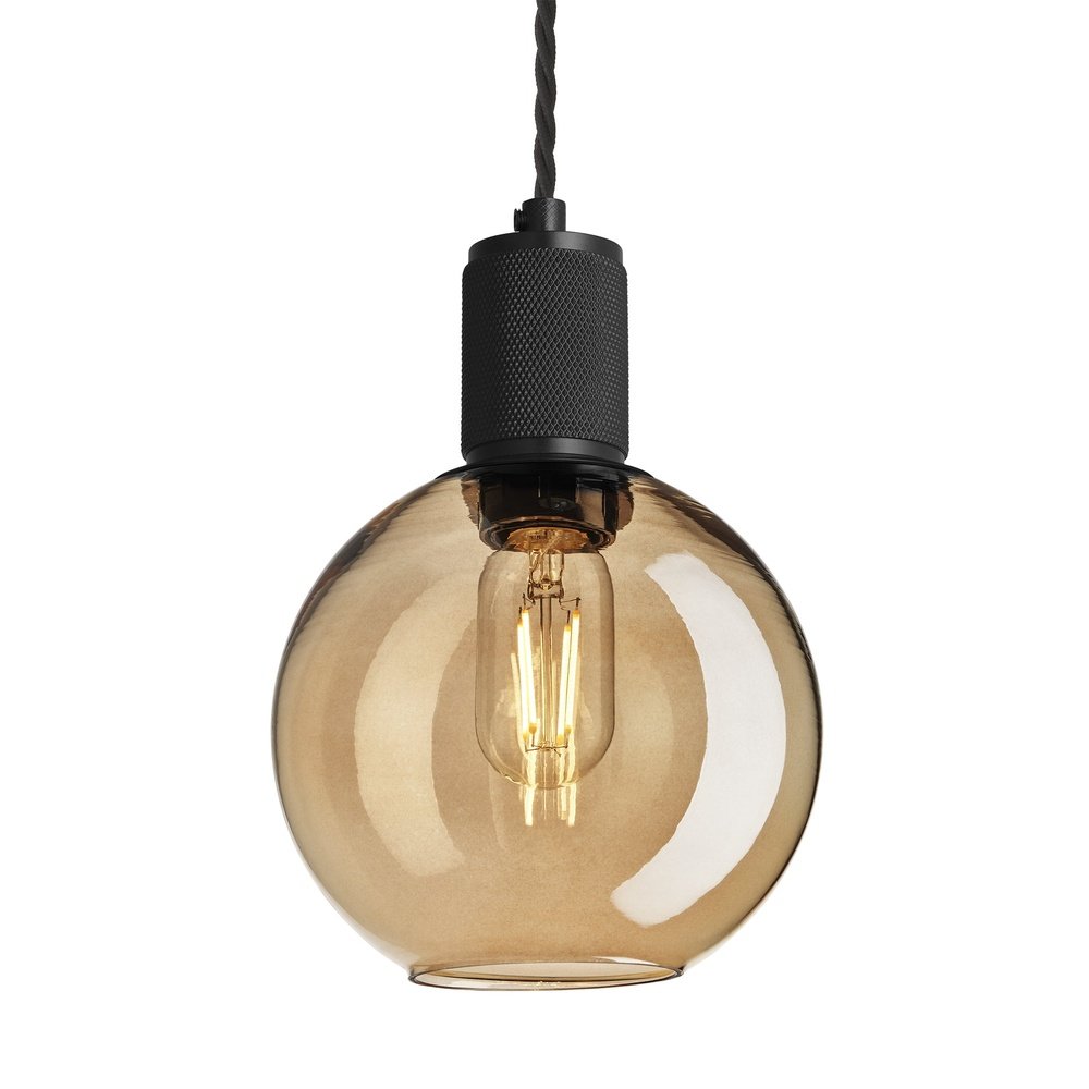 Industville Knurled Tinted Glass Globe Pendant Light In Amber With Black Holder Large