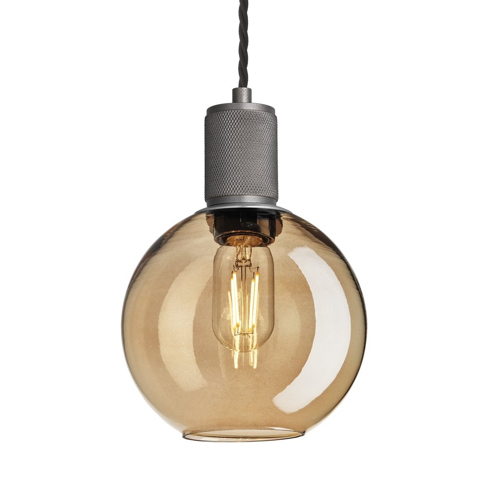 Industville Knurled Tinted Glass Globe Pendant Light In Amber With Pewter Holder Small