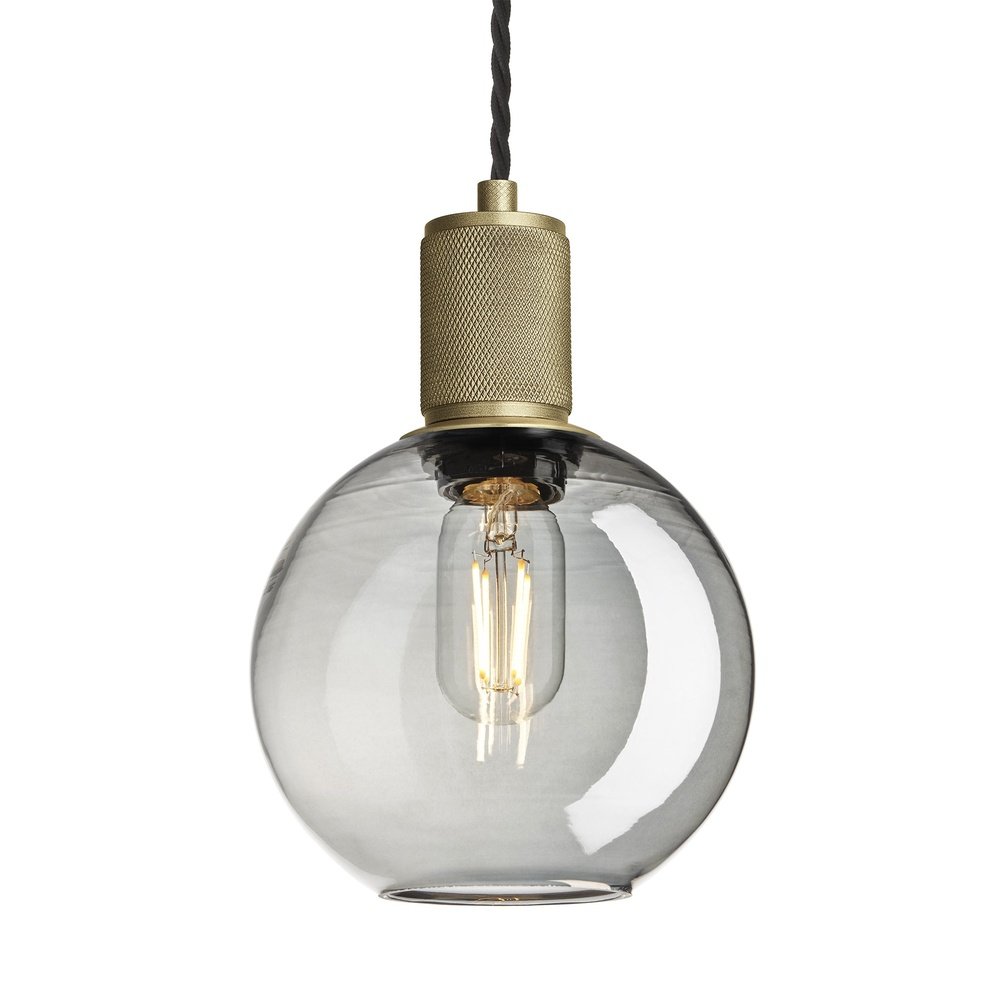 Industville Knurled Tinted Glass Globe Pendant Light In Smoke Grey With Brass Holder Large