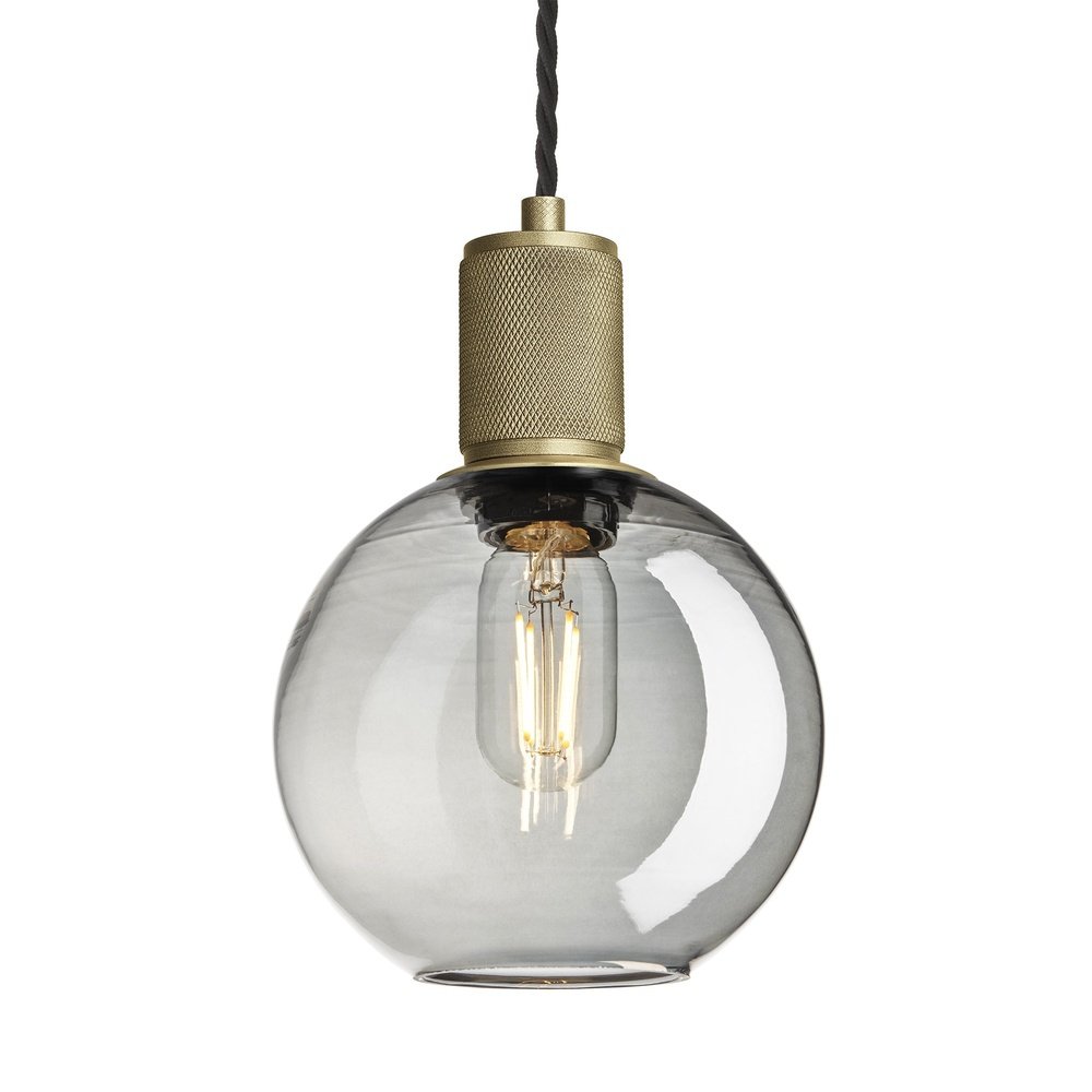 Product photograph of Industville Knurled Tinted Glass Globe Pendant Light In Smoke Grey With Brass Holder Small from Olivia's