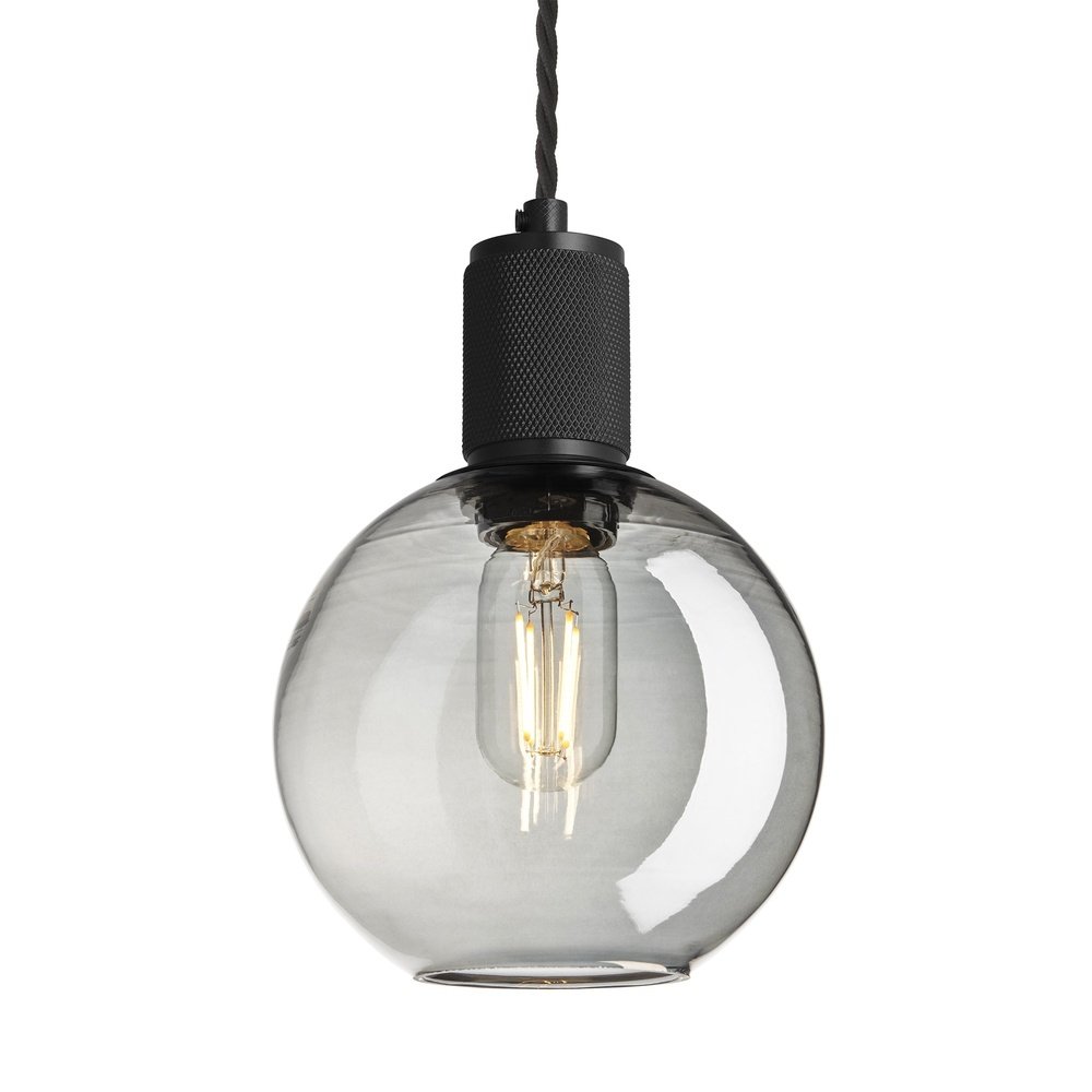 Industville Knurled Tinted Glass Globe Pendant Light In Smoke Grey With Black Holder Small