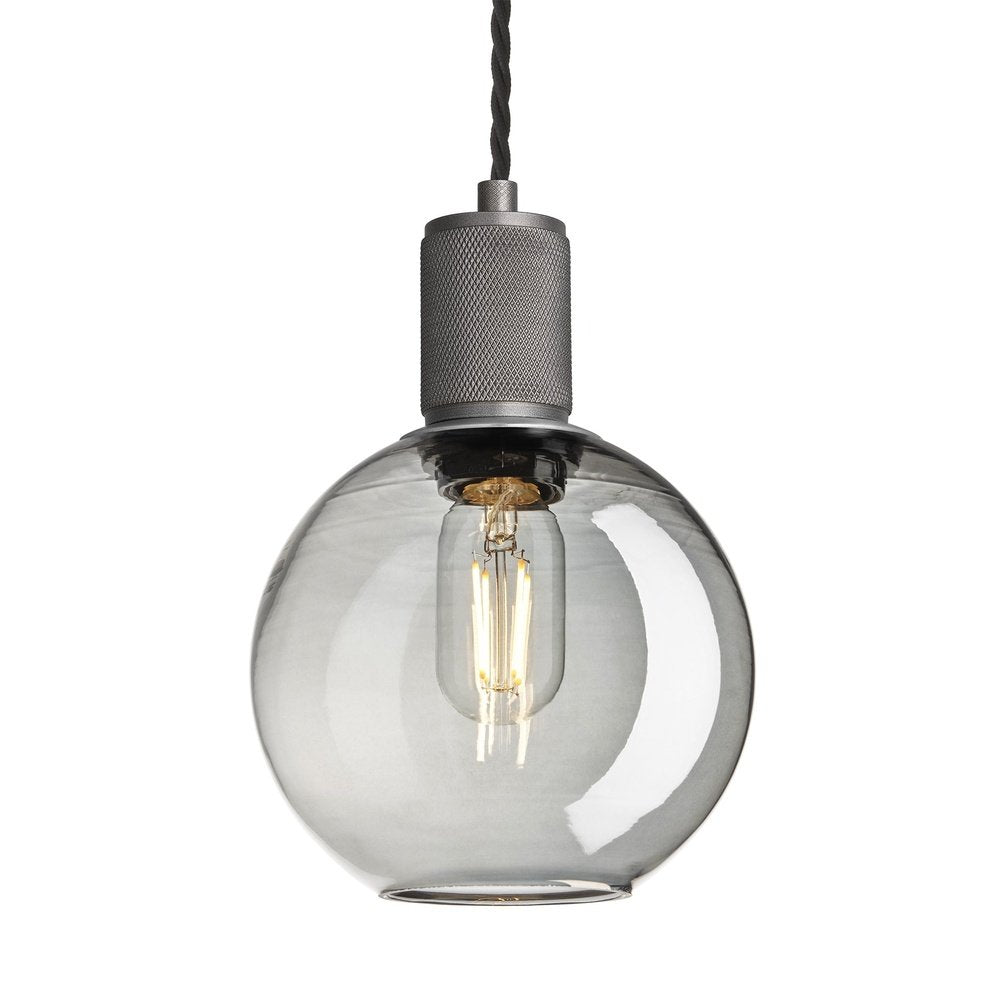 Industville Knurled Tinted Glass Globe Pendant Light In Smoke Grey With Pewter Holder Large