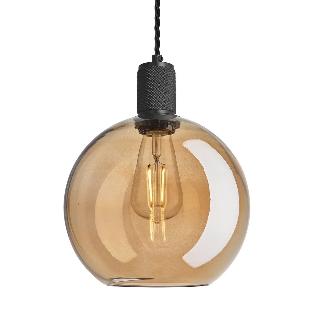 Product photograph of Industville Knurled Tinted Glass Globe Pendant Light In Amber With Black Holder Large from Olivia's.
