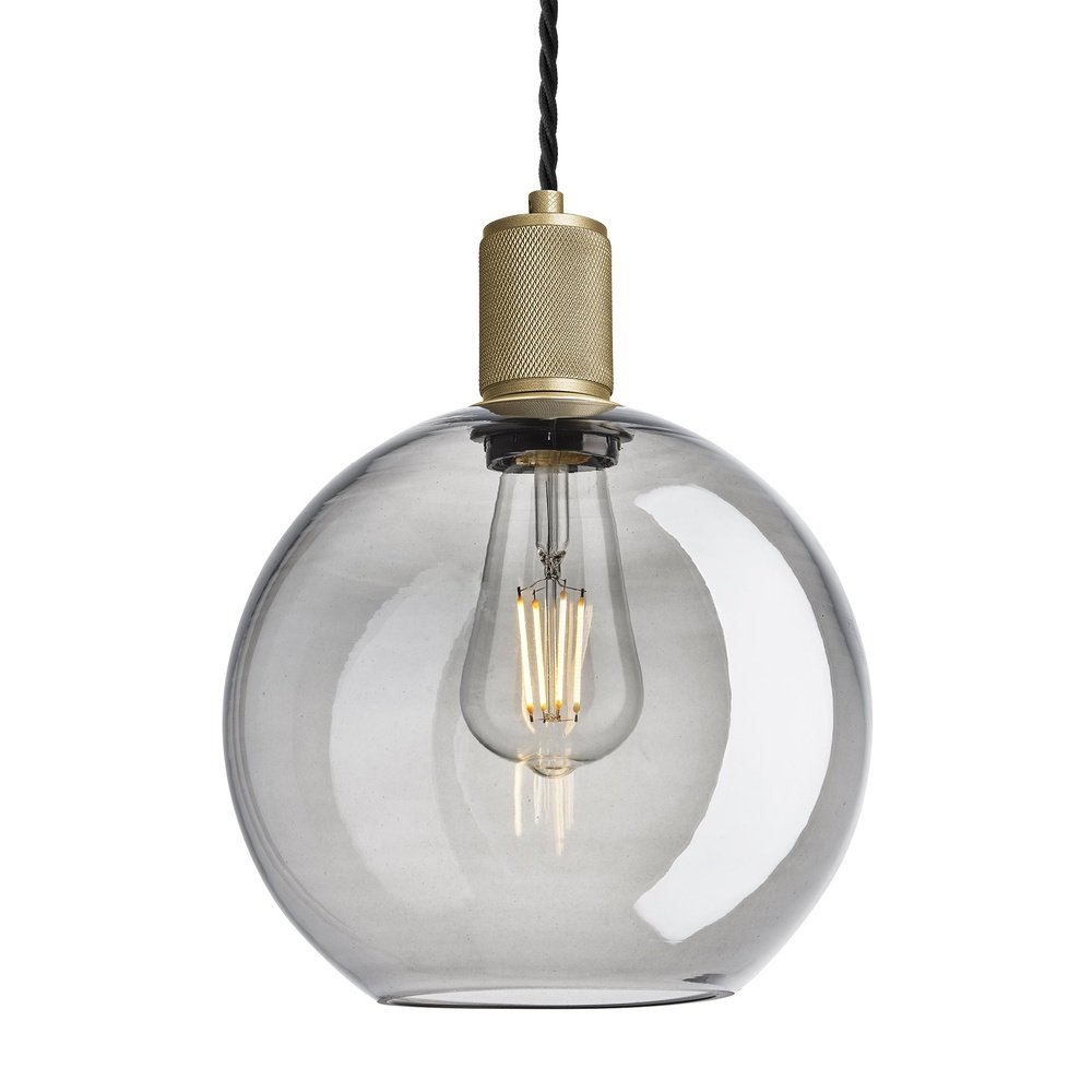 Product photograph of Industville Knurled Tinted Glass Globe Pendant Light In Smoke Grey With Brass Holder Large from Olivia's.