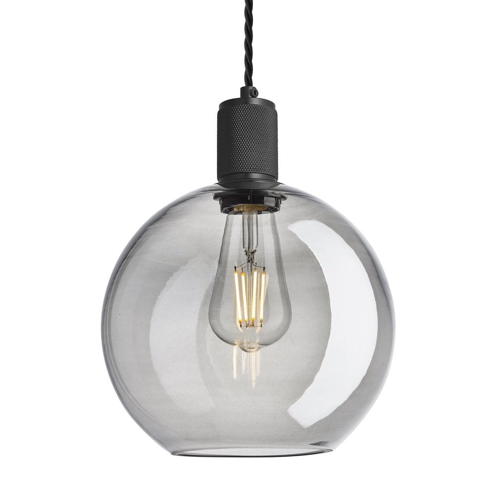 Product photograph of Industville Knurled Tinted Glass Globe Pendant Light In Smoke Grey With Black Holder Small from Olivia's.