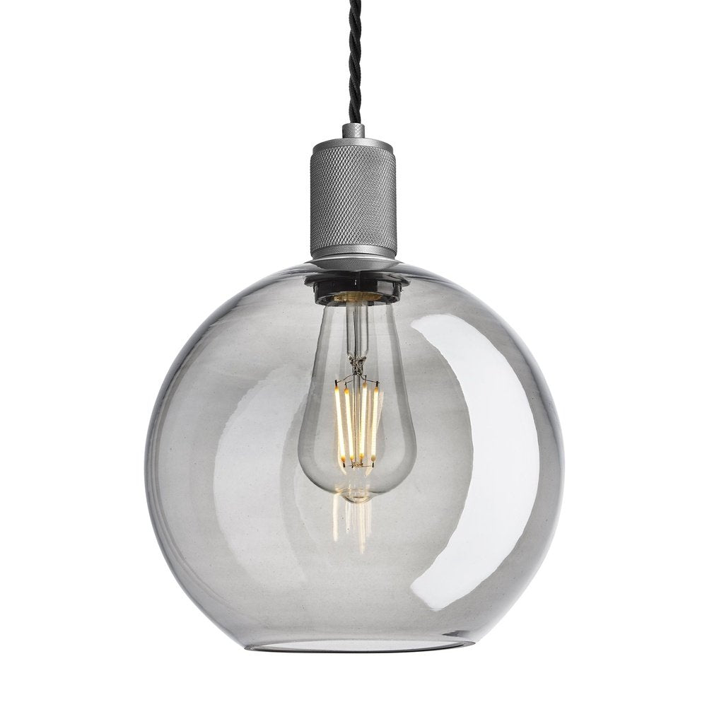 Product photograph of Industville Knurled Tinted Glass Globe Pendant Light In Smoke Grey With Pewter Holder Small from Olivia's.