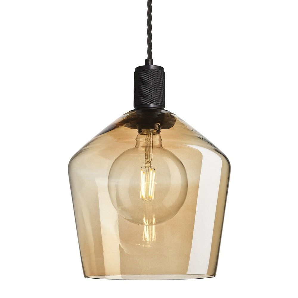 Product photograph of Industville Knurled Tinted Glass Schoolhouse Pendant In Amber With Black Holder Large from Olivia's.