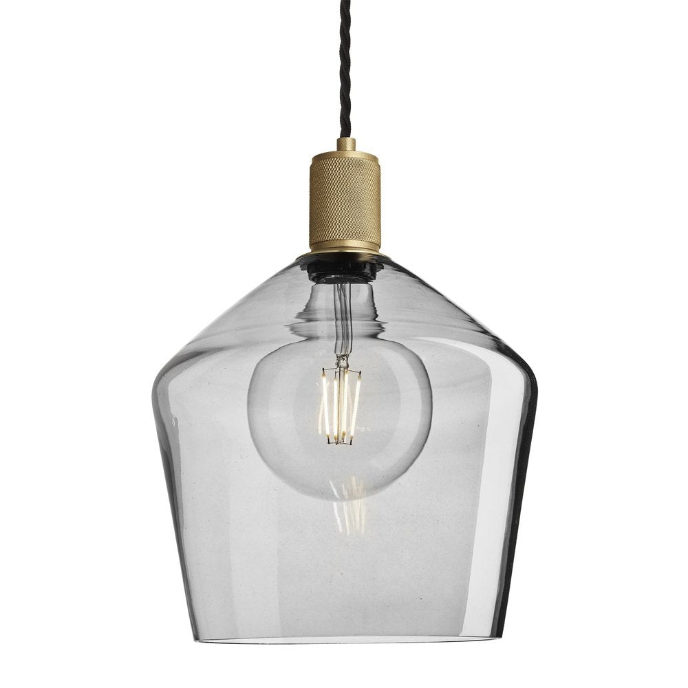 Product photograph of Industville Knurled Tinted Glass Schoolhouse Pendant In Smoke Grey With Brass Holder Small from Olivia's.