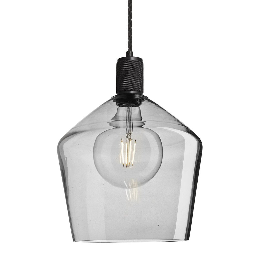 Product photograph of Industville Knurled Tinted Glass Schoolhouse Pendant In Smoke Grey With Black Holder Large from Olivia's.