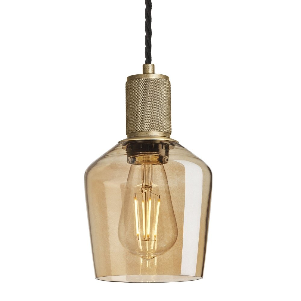 Product photograph of Industville Knurled Tinted Glass Schoolhouse Pendant In Amber With Brass Holder Small from Olivia's