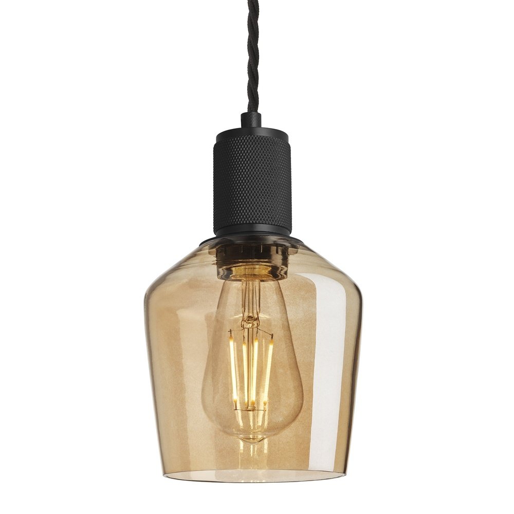 Product photograph of Industville Knurled Tinted Glass Schoolhouse Pendant In Amber With Black Holder Large from Olivia's