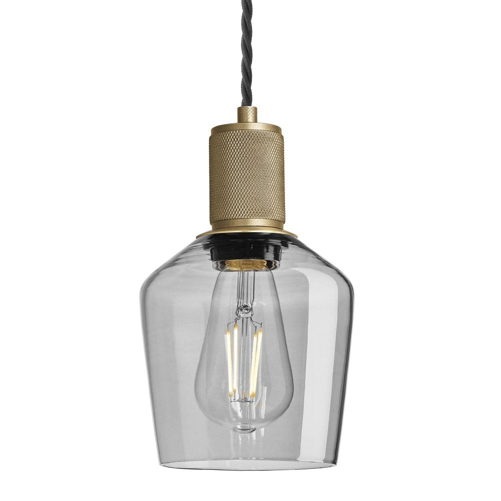 Product photograph of Industville Knurled Tinted Glass Schoolhouse Pendant In Smoke Grey With Brass Holder Large from Olivia's