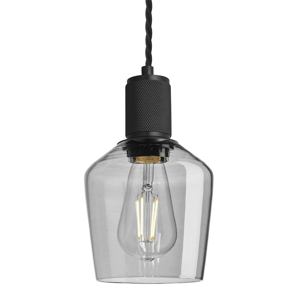Product photograph of Industville Knurled Tinted Glass Schoolhouse Pendant In Smoke Grey With Black Holder Small from Olivia's