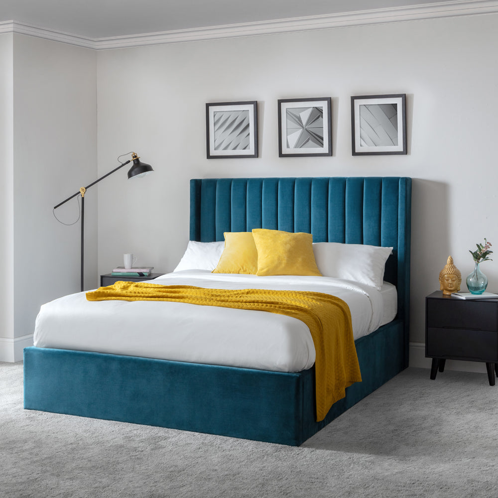 Product photograph of Olivia S Super Kingsize Storage Bed With Scalloped Headboard In Teal from Olivia's