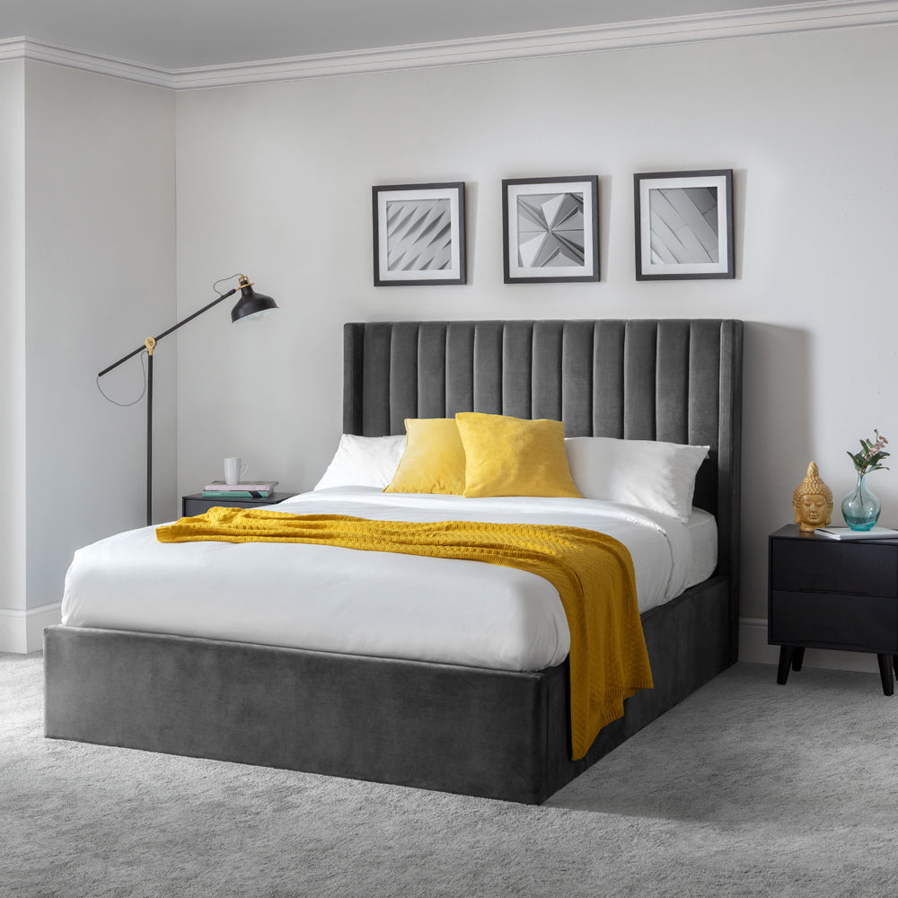 Product photograph of Olivia S Super Kingsize Storage Bed With Scalloped Headboard In Grey from Olivia's