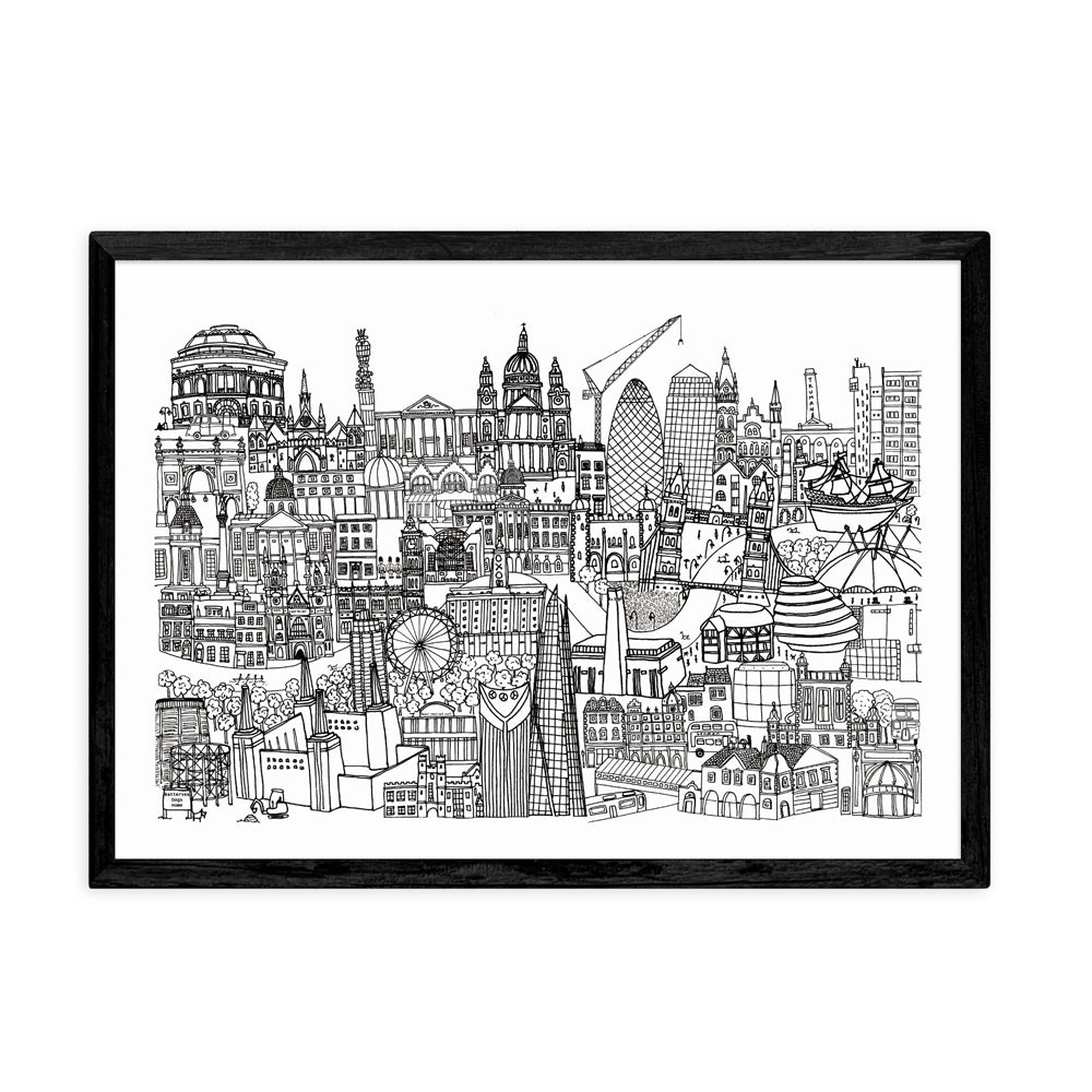 Product photograph of London Jungle Black And White By Lizzie Prestt - A2 Black Framed Art Print from Olivia's